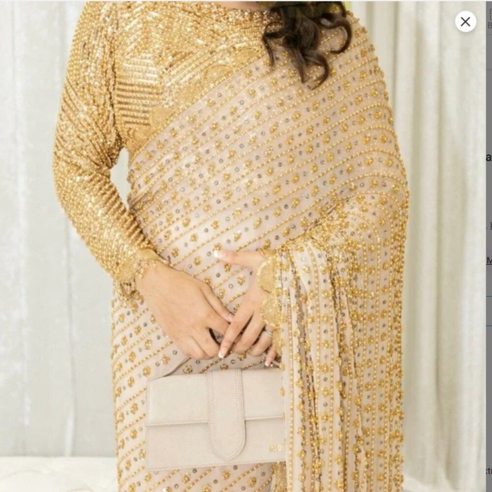 Hand Embroidered Beige Chiffon Saree / Sari with heavy sequence work
